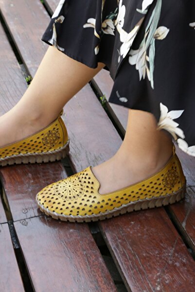 İNZE AYAKKABI Yellow Genuine Leather Ballerina Shoes