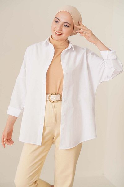 asilmoda 103901 Oversize Basic Hijab πουκάμισο - Λευκό