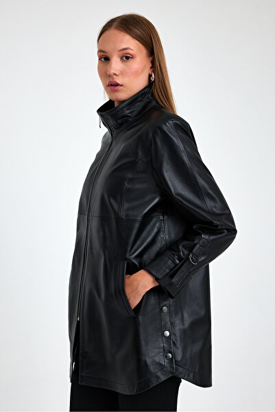 nero leather fur Siyah Kadın Kaban Yanlar Çıtçıtlı