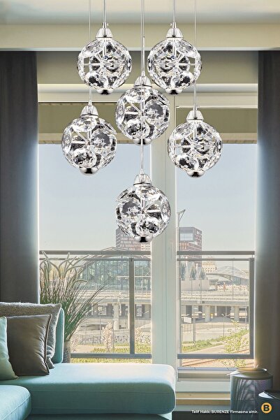 burenze Luxury Avize Kristal Taşlı Sarkıt Avize Krom Gövde Led Avize Beşli Sa...
