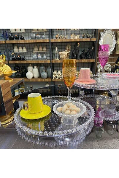 GUREX 6 Ad Yuvarlak Tepsi / Boncuklu Kahve Sunum Tepsi