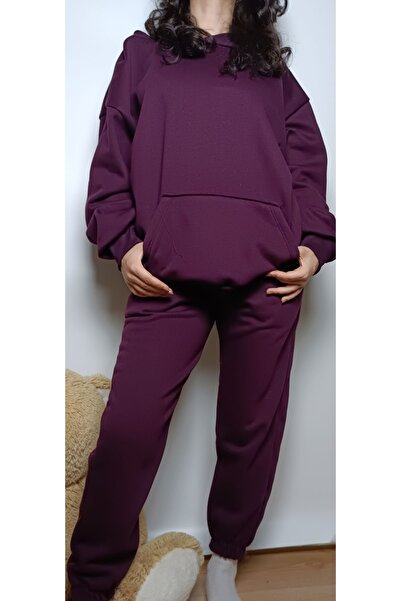 AMORE PASSİON Mor Kadın Unisex Kapüşonlu Üç Iplik Oversize Eşofman Takımı