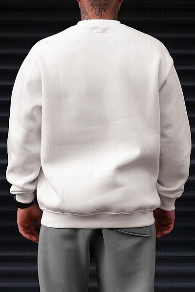 Millionaire Men's Off-White Cream Ecru Dreamer Printed 0 Crew Neck Oversize Loose Loose Fit Fleece Sweatshirt