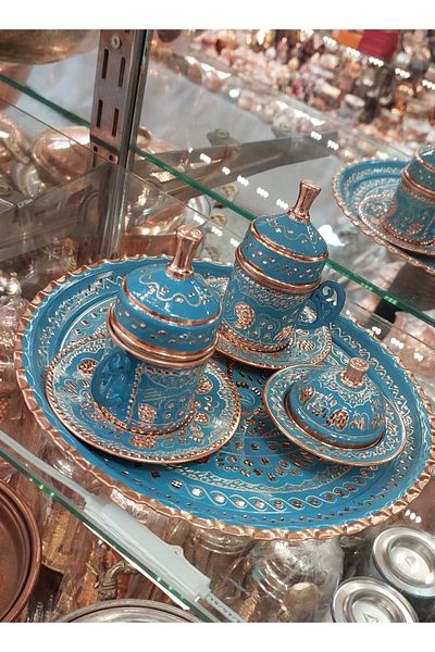 Bakır Center Copper Cup Set for 2 People - Ottoman Patterned Turkish Coffee