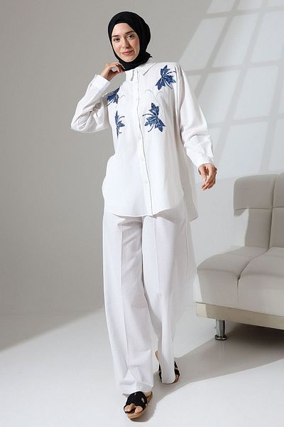 Mihran Butik 100% Cotton Linen - Comfortable Floral Patterned Sequin Shirt and Pants Set