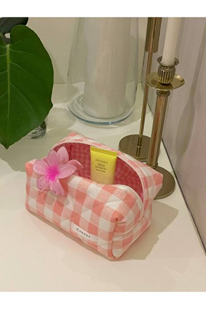 Pembe Pötikareli Panama Keteni Kumaş Düzenleyici Kozmetik Makyaj Çantası Büyük Boy Ölçüler 20x10x10