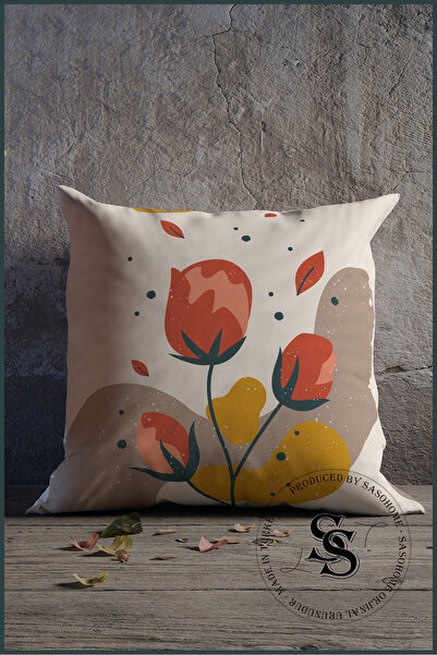 Saso Piros mustárvirág mintás digitális nyomtatású 4 részes bársony párnakészlet - krémszínű háttér