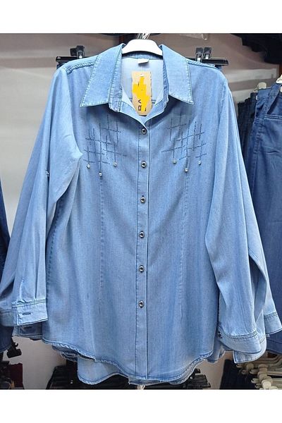 AKŞEN GİYİM Cămașă din țesătură de blugi subțire de mărime mare, cu guler, mâneci pliabile, piept, cămașă din denim cu detaliu de piatră