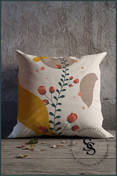 Saso Piros mustárvirág mintás digitális nyomtatású 4 részes bársony párnakészlet - krémszínű háttér