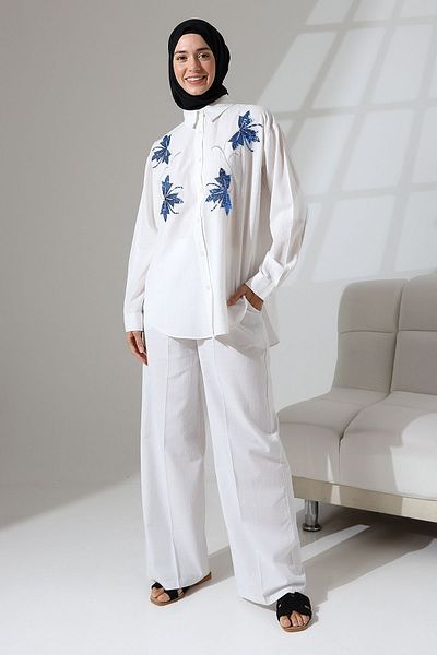 Mihran Butik 100% Cotton Linen - Comfortable Floral Patterned Sequin Shirt and Pants Set