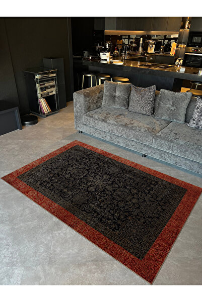 Rugs Modern Halı Kırmızı Lacivert Temalı Etnik Motifler ve Çiçek Desenli Vint...