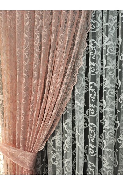 Art Perde Κουρτίνα φόντου από τούλι με 2 πτερύγια - Πούδρα με μοτίβο κισσού με κορδόνια ροζ