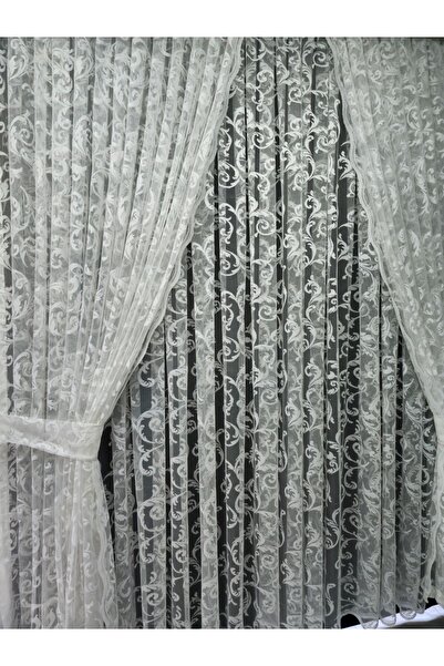 Art Perde 2 Wings White Ivy Patterned Tulle Background Curtain - Lace-up Model