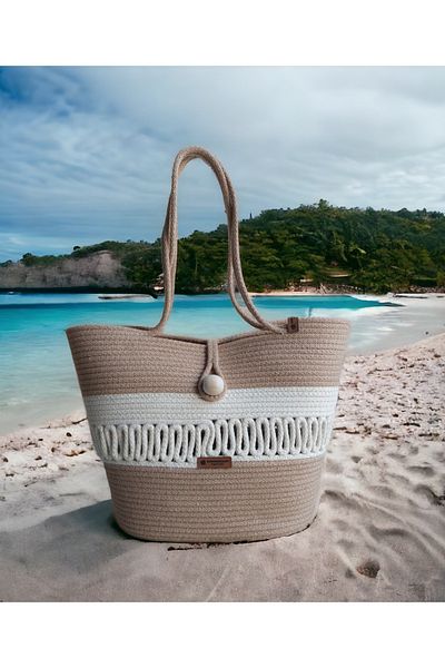 HandmadeSNM Ψάθινη χειροποίητη τσάντα παραλίας - Τσάντα μανίκι και ντιζάιν