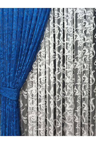 Art Perde Dark Blue Ivy Patterned Tulle Background Curtain - Model with 2 Sash Laces