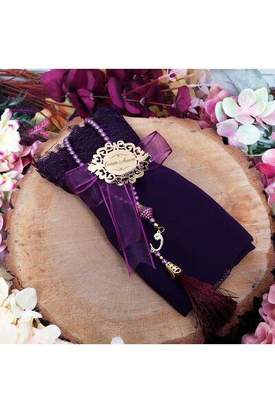 MaveraShop Kişiye Özel Pleksi Iğne Oyalı Şal Ve Inci Tesbih Seti - Mor