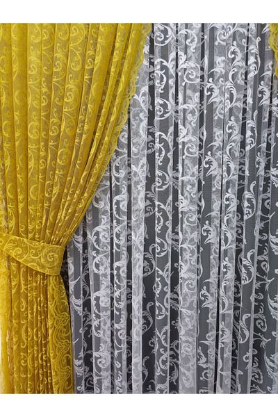 Art Perde Yellow Ivy Patterned Tulle Background Curtain - Model with 2 Wings and Laces