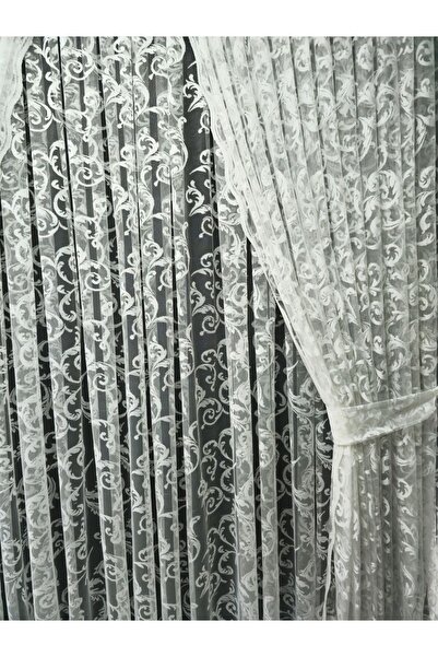 Art Perde 2 Wings White Ivy Patterned Tulle Background Curtain - Lace-up Model