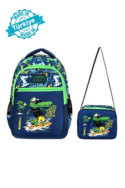 Waddell Rucsac și geantă de prânz pentru școală primară cu model de crocodil verde pentru băieți - cu licență