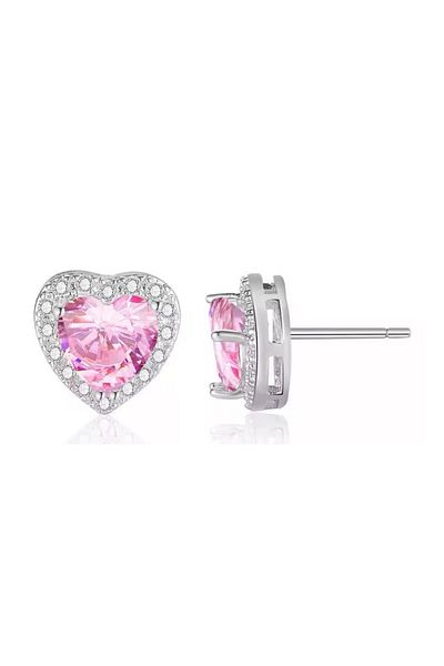 Jaida Moda Pink Heart Patterned Silver Zircon Stone Stud Earrings