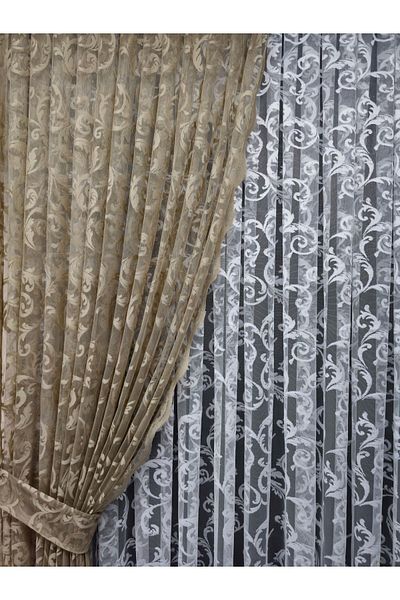 Art Perde Mink Ivy Patterned Tulle Background Curtain with 2 Blades and Laces