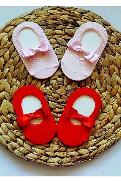 Asa Bebek Çocuk Kız Bebek Saten Kurdeleli Babet Çorap Seti Kırmızı Ve Pembe Set