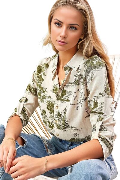 Cassime Women's Nostalgic Forest Green Patterned Viscose Shirt with Buttons