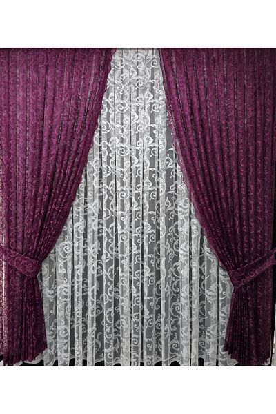 Art Perde 2 Winged Tulle Background Curtain - Lace Up Ivy Patterned Plum Model