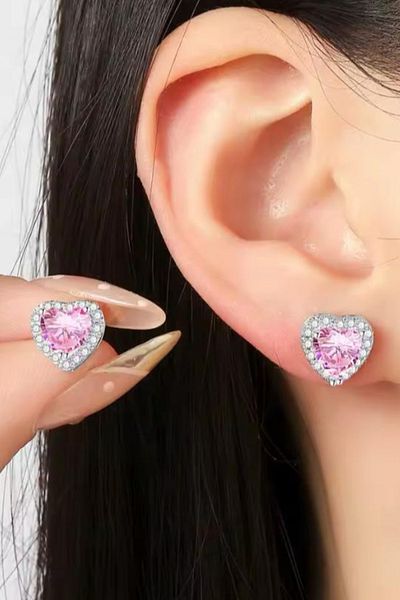 Jaida Moda Pink Heart Patterned Silver Zircon Stone Stud Earrings