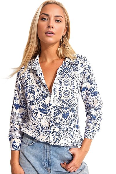 Cassime Жіноча сорочка з довгими рукавами з віскози з синім квітковим візерунком