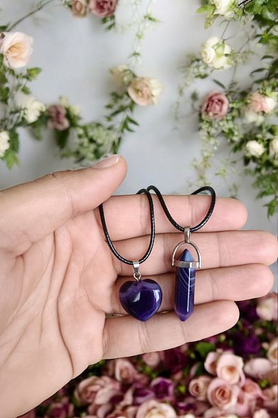 MGA DOĞAL TAŞ 2 Lover Purple Agate Stone Necklaces - Special Model Souvenirs