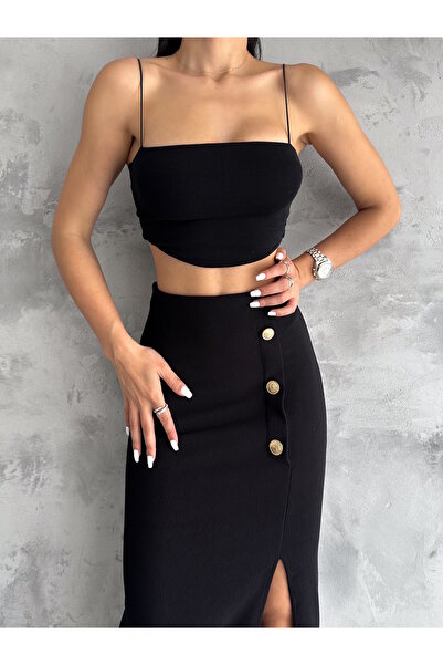 MaxiMor Kaşkorse Siyah Renk Kaşkorse Kumaş Yırtmaçlı Etek Boy 65 Cm