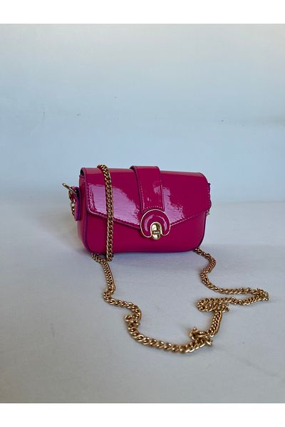 melecco Fuchsia Pink Mini Patent Leather Bag - Stylish Women's Bag with Gold Chain, Cross Strap and Accessory Detail