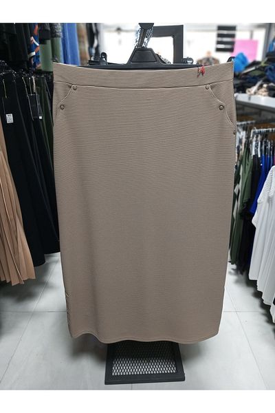 AKŞEN GİYİM Large Size Ankle Length Ottoman Fabric Pencil Skirt with Side and Pockets with Staple Detail