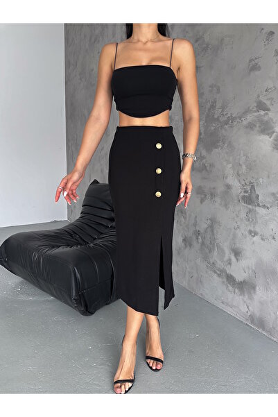 MaxiMor Kaşkorse Siyah Renk Kaşkorse Kumaş Yırtmaçlı Etek Boy 65 Cm