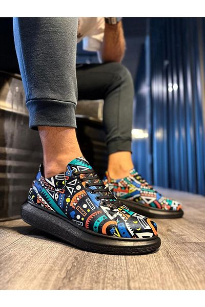 BZ Moda B046 Pantofi pentru bărbați - Talpă ortopedică, imprimeu colorat, pantofi sport casual cu șireturi - negru BT