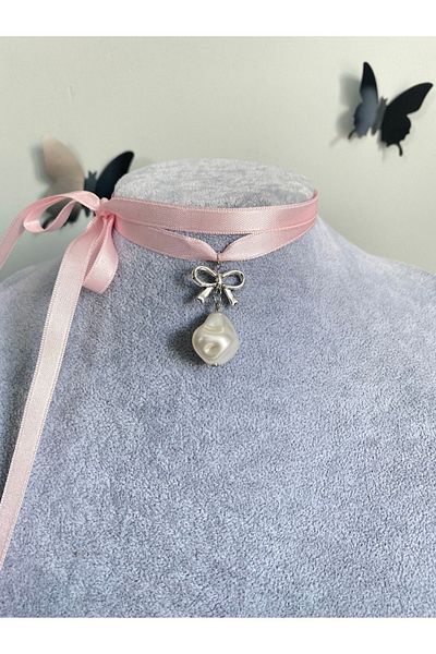 Pinky Lady Coquette aesthetic pink ribbon pearl necklace