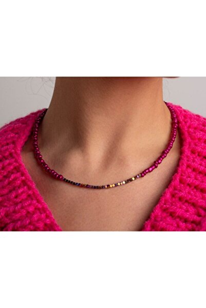 cicekartstudio Kadın Pembe Hematitli Doğal Taş Tasarım Kolye