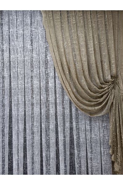 Art Perde Mink Colored 2 Wing Tulle Background Curtain - Slub Pattern and Drawstring