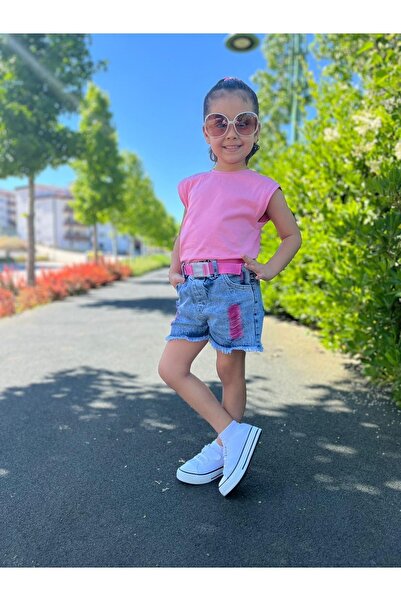 Kidsella Girl's Pink T-Shirt with Jeans Shorts and Belt Combination