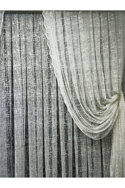 Art Perde White Slub Patterned Drawstring Background Curtain - 2 Sash Tulle