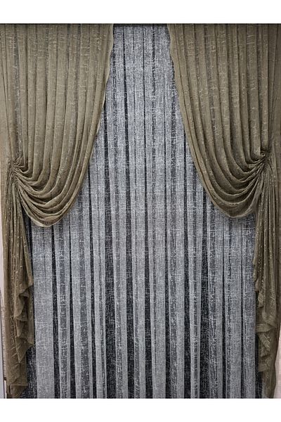 Art Perde Mink Colored 2 Wing Tulle Background Curtain - Slub Pattern and Drawstring