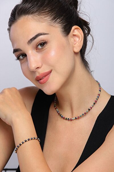 cicekartstudio El Yapımı Kadın Safir Zümrüt Yakut Doğal Taş Kolye Altın Renk ...