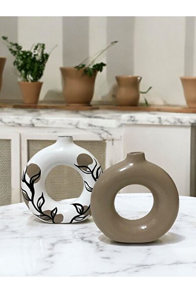 Porselian Bej ve Krem Renk Dekoratif 2'li Halka Bohem Vazo
