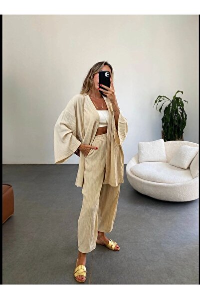 Tommes Butik Set Kimono Damă Bej Seersucker Fabric