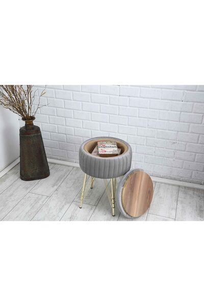 Sare Home Bianco Metal Ayaklı Sehpalı Puf Altın Gümüş Gri (GOLD SİLVER GRAY)