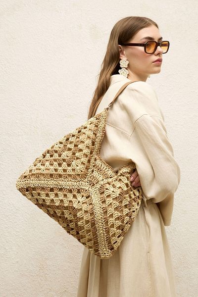 Manuka Beige gemusterte Strohhandtasche