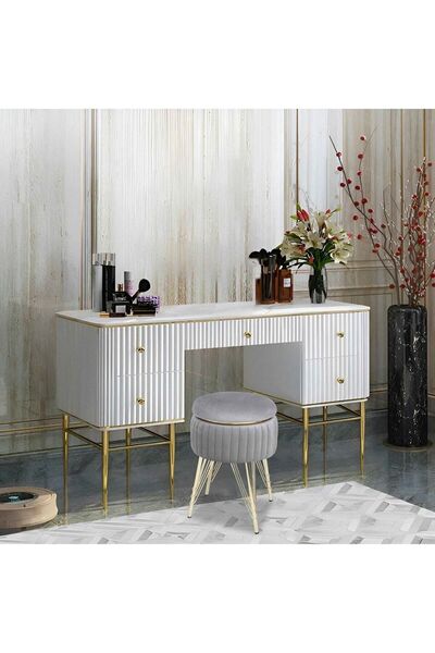 Sare Home Bianco Metal Ayaklı Sehpalı Puf Altın Gümüş Gri (GOLD SİLVER GRAY)