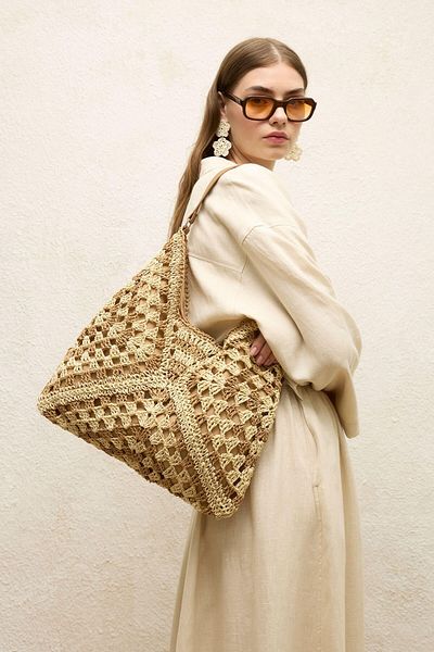 Manuka Beige gemusterte Strohhandtasche
