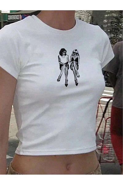 Bengi Clothing Γυναικεία Crop Top Μπλούζα με Λευκή στάμπα Y2k Style - Κοντό μανίκι